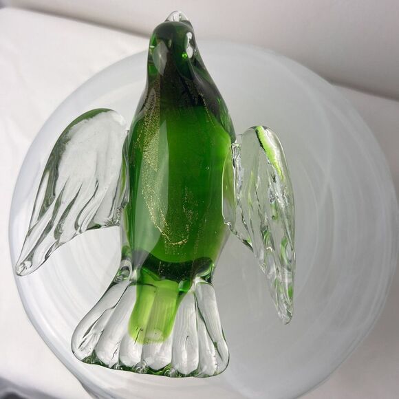 Murano Style  Glass Bird Dove Paperweight Decor Clear Glass GreenGold Inlay - Picture 4 of 10
